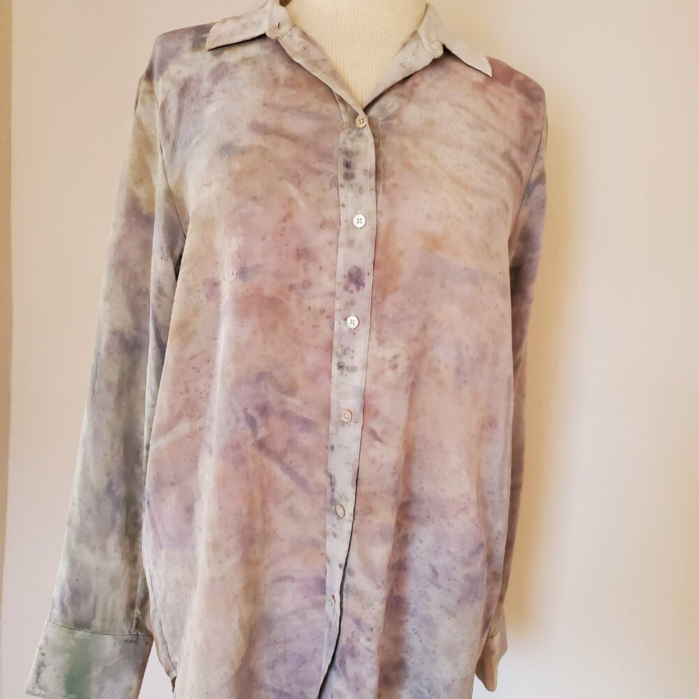 NEW Everlane Painted silk shirt gray ivory blue purple beige tiedye 10 med Large